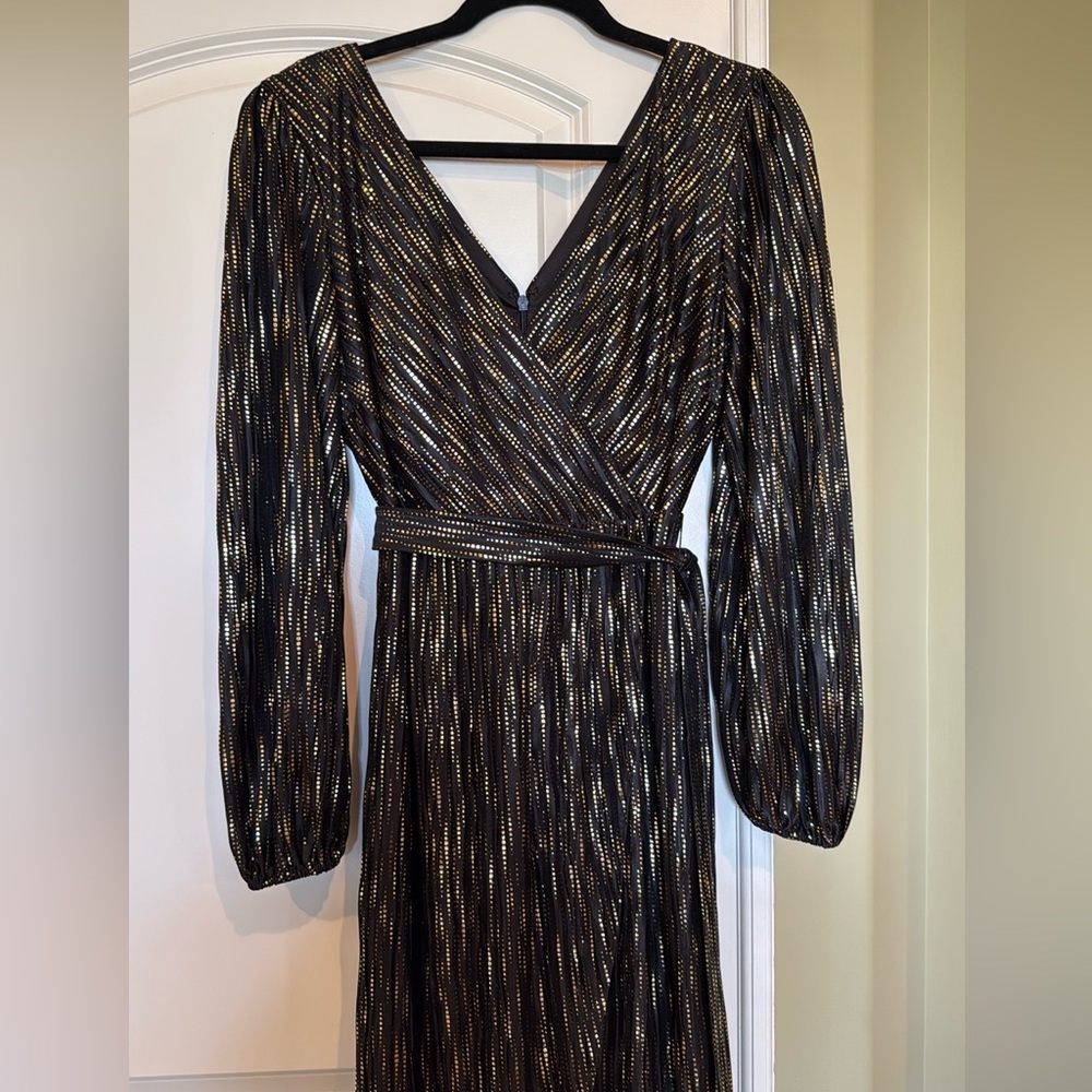 Black and Gold Faux Wrap Gown with Bishop Sleeves